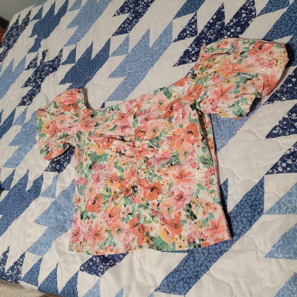 Zara Floral Puff Sleeve Blouse - Pink and Green